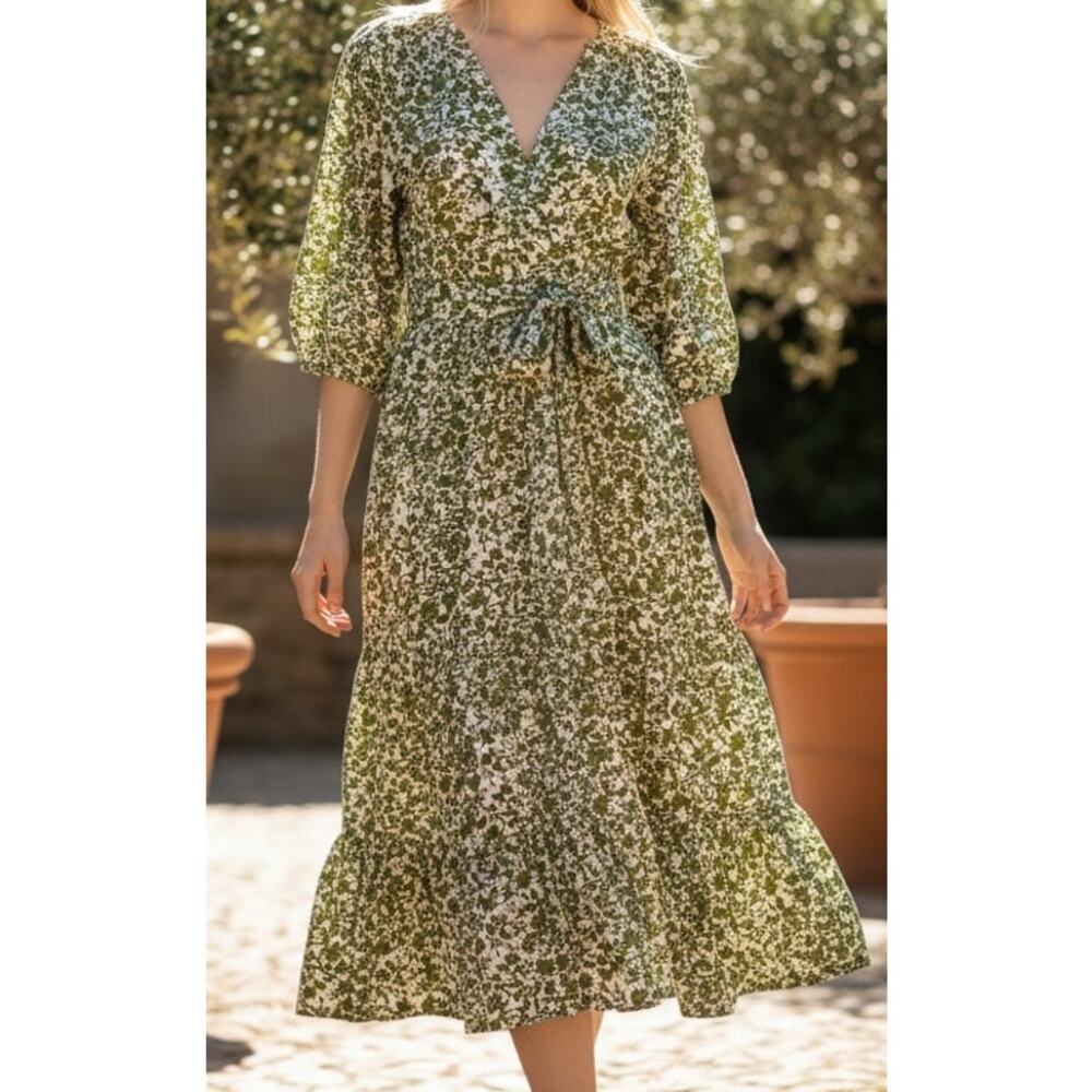 CAARA Green Floral Dress with Waist Sash Belt Women's Sz. S